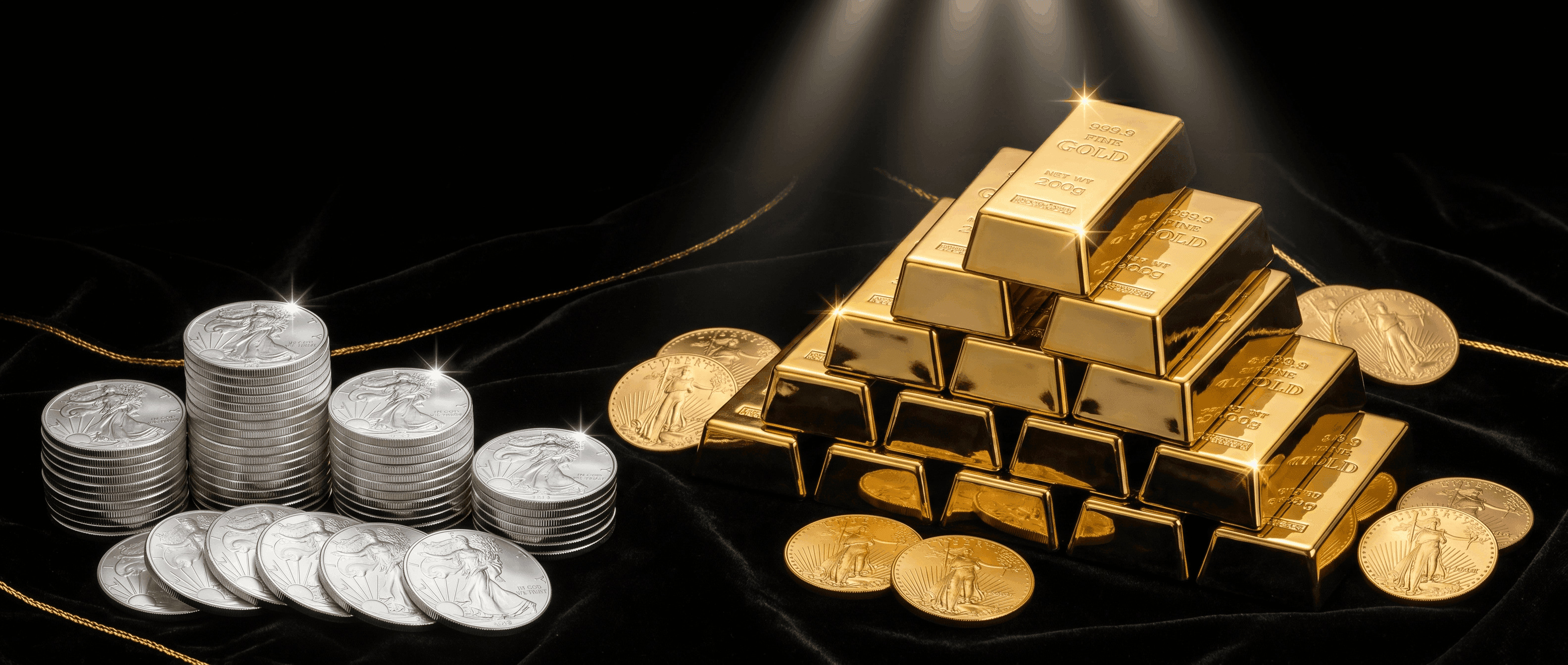 Gold bullion bars and American Silver Eagle coins