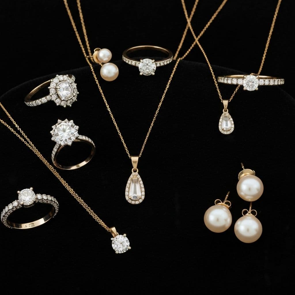 Beautiful fine jewelry collection showing rings and precious stones arranged on dark velvet