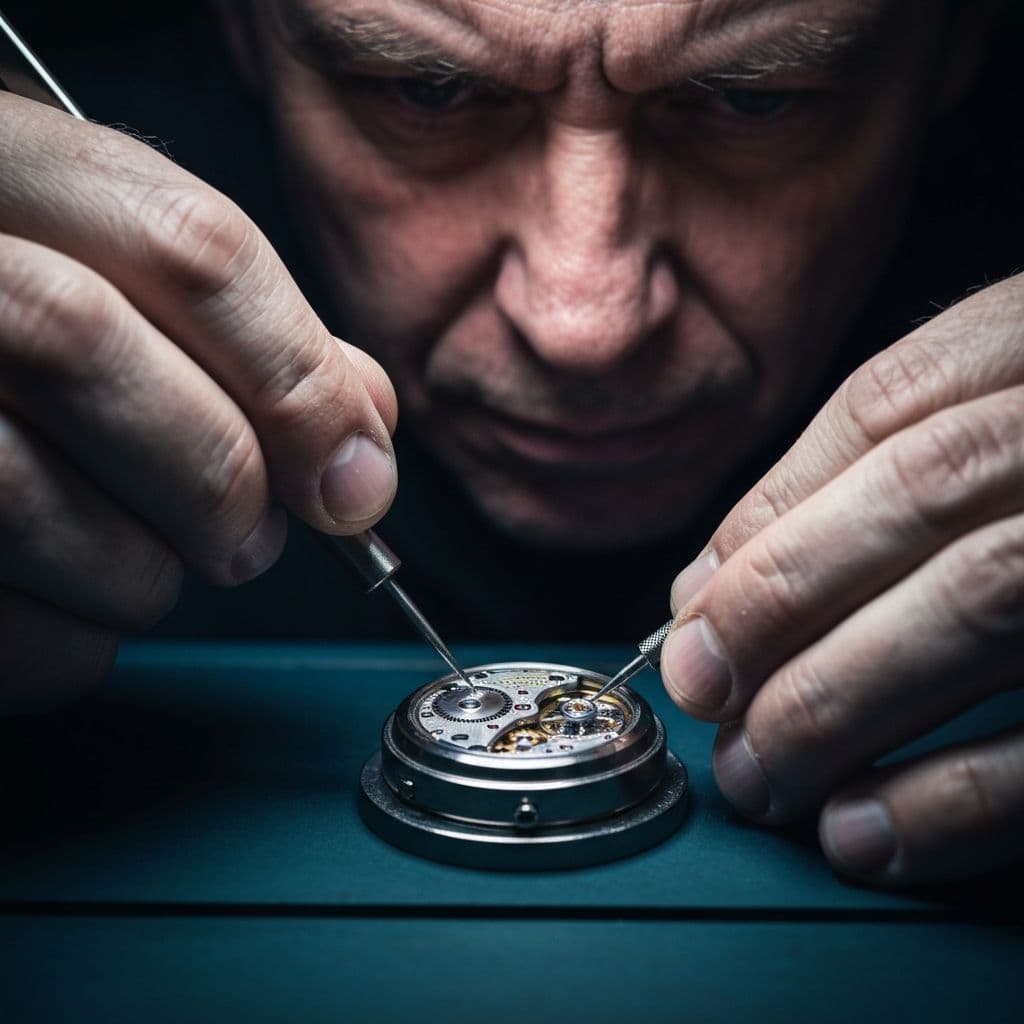 Expert watchmaker repairing a luxury mechanical watch movement with precision tools