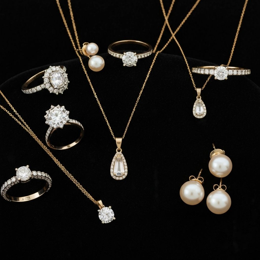 Beautiful fine jewelry collection showing rings and precious stones arranged on dark velvet